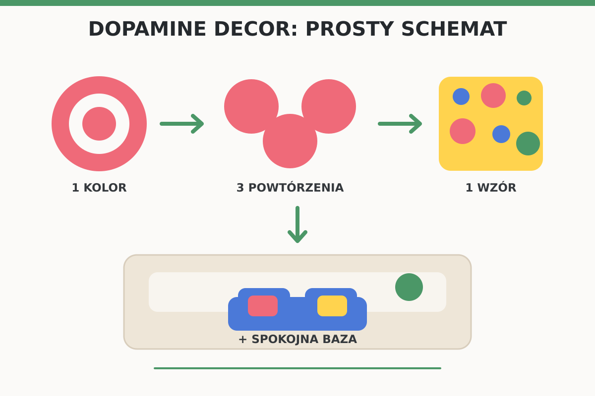 Schemat tworzenia aranżacji dopamine decor z koloru, powtórzeń, wzoru i spokojnej bazy